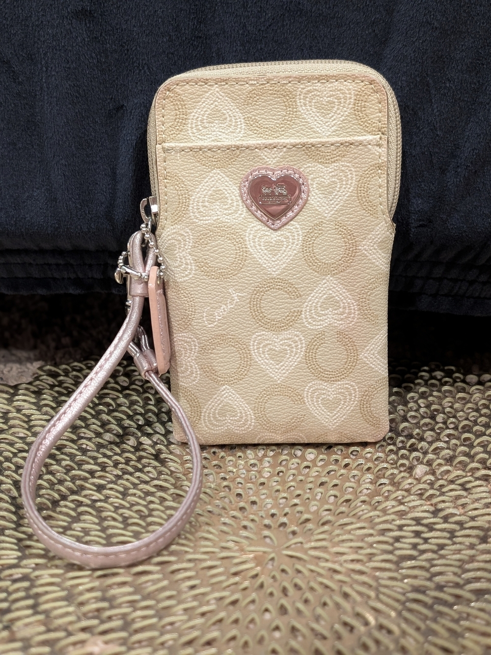 Coach Beige Heart-Print Wristlet Phone Case